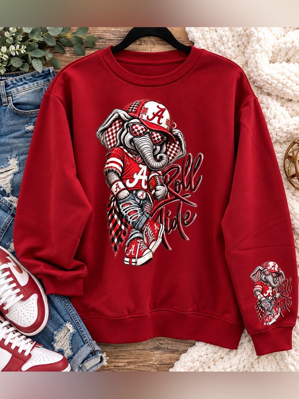 Crimson Red Alabama Roll Tide Graphic Crewneck Sweater with Elephant Print-XXL